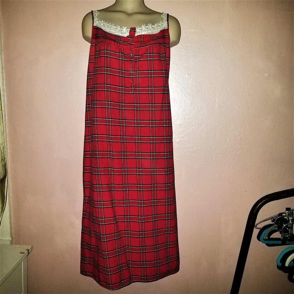 Lee Valley Flannel Nightgown w/Lace~Sleeveless Midi~Red Black Plaid Cotton~S=M-L
